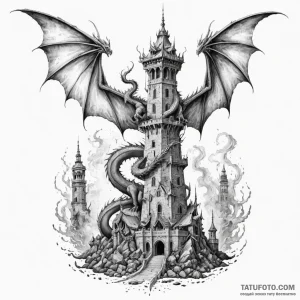 Dragon wings wrapping around tower, ink illus... - эскиз тату (№1750619392_1, 22.06.2025 19:09) — Tatufoto.com