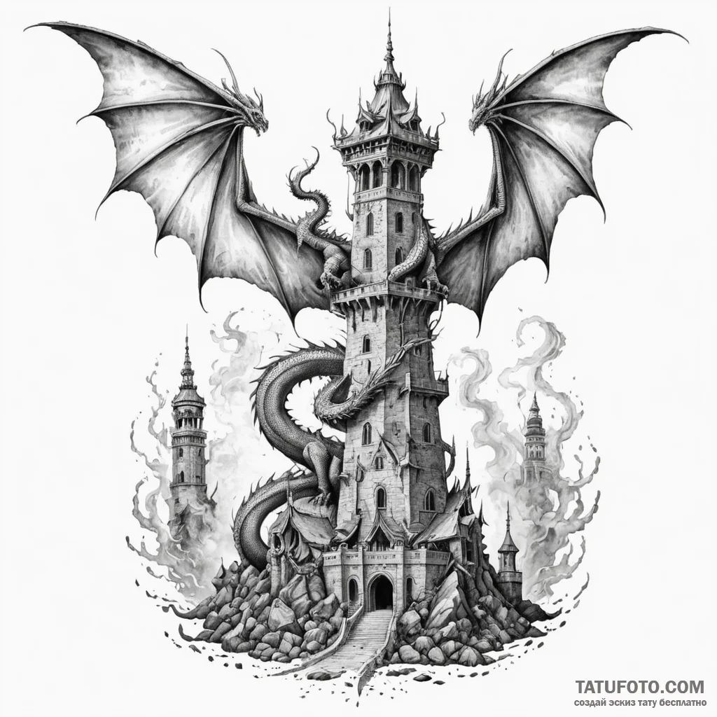 Dragon wings wrapping around tower, ink illus... - эскиз тату (№1750619392_1, 22.06.2025 19:09) — Tatufoto.com