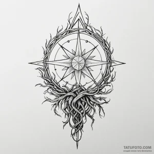 Morning star entwined with roots, tattoo line... - эскиз тату (№1750622054_1, 22.06.2025 19:54) — Tatufoto.com