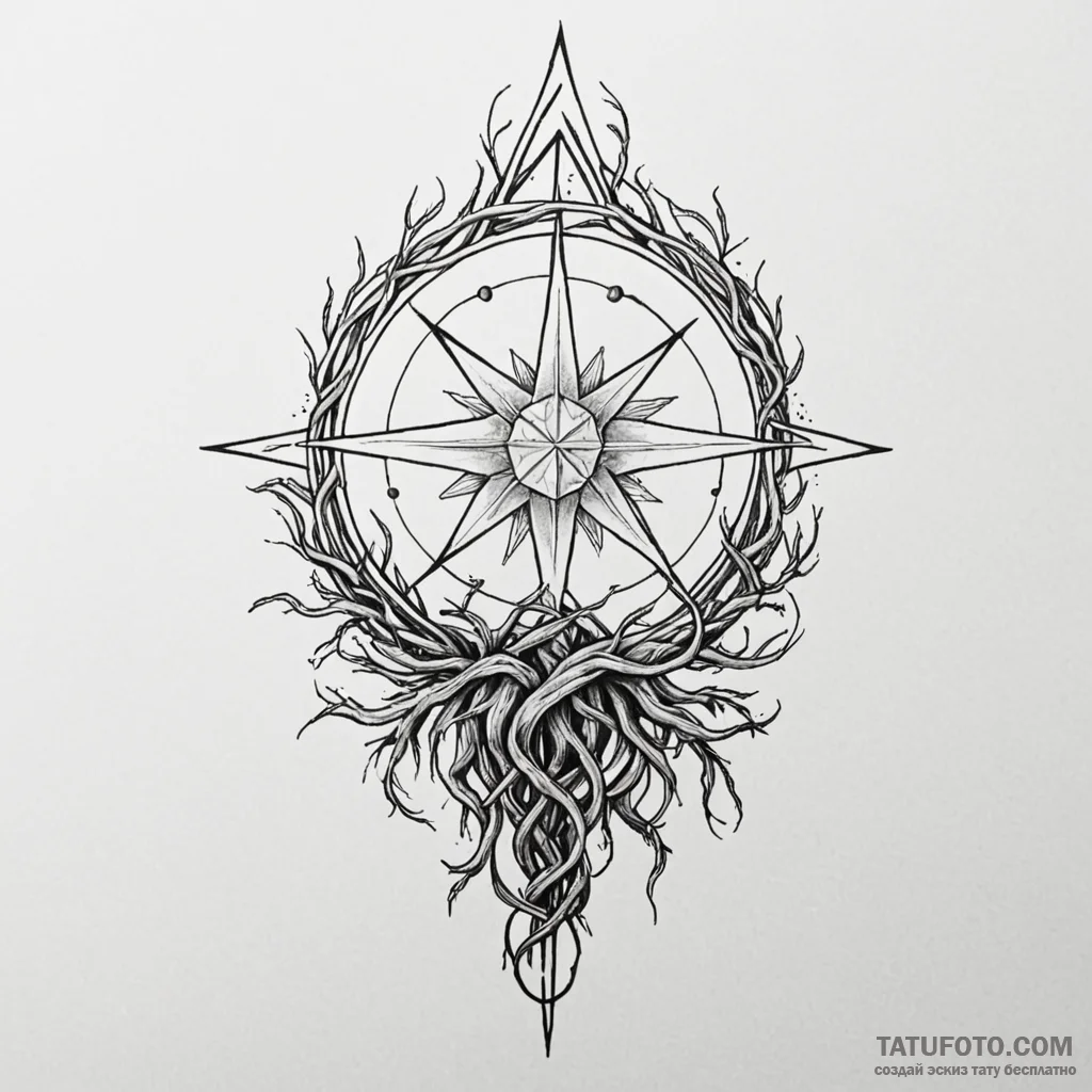 Morning star entwined with roots, tattoo line... - эскиз тату (№1750622054_1, 22.06.2025 19:54) — Tatufoto.com