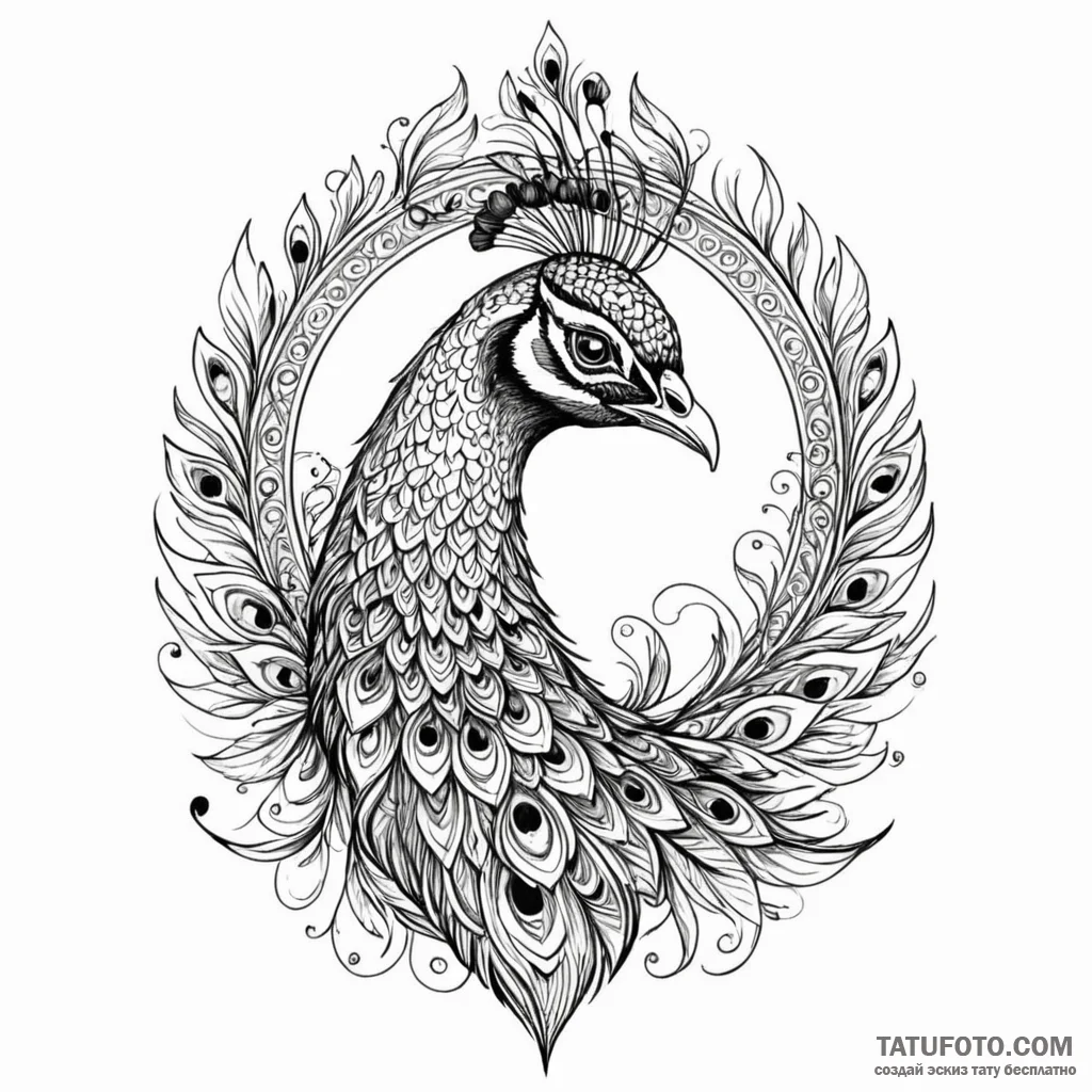 Peacock, ink illustration for tattoo, clear i... - эскиз тату (№1750623065_1, 22.06.2025 20:11) — Tatufoto.com