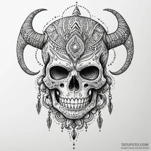 Aztec skull with tribal patterns, artistic ta... - эскиз тату (№1750624199_0, 22.06.2025 20:29) — Tatufoto.com