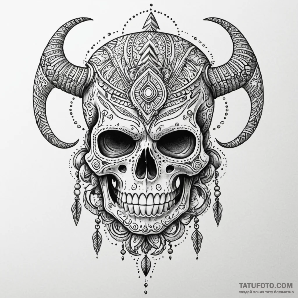 Aztec skull with tribal patterns, artistic ta... - эскиз тату (№1750624199_0, 22.06.2025 20:29) — Tatufoto.com