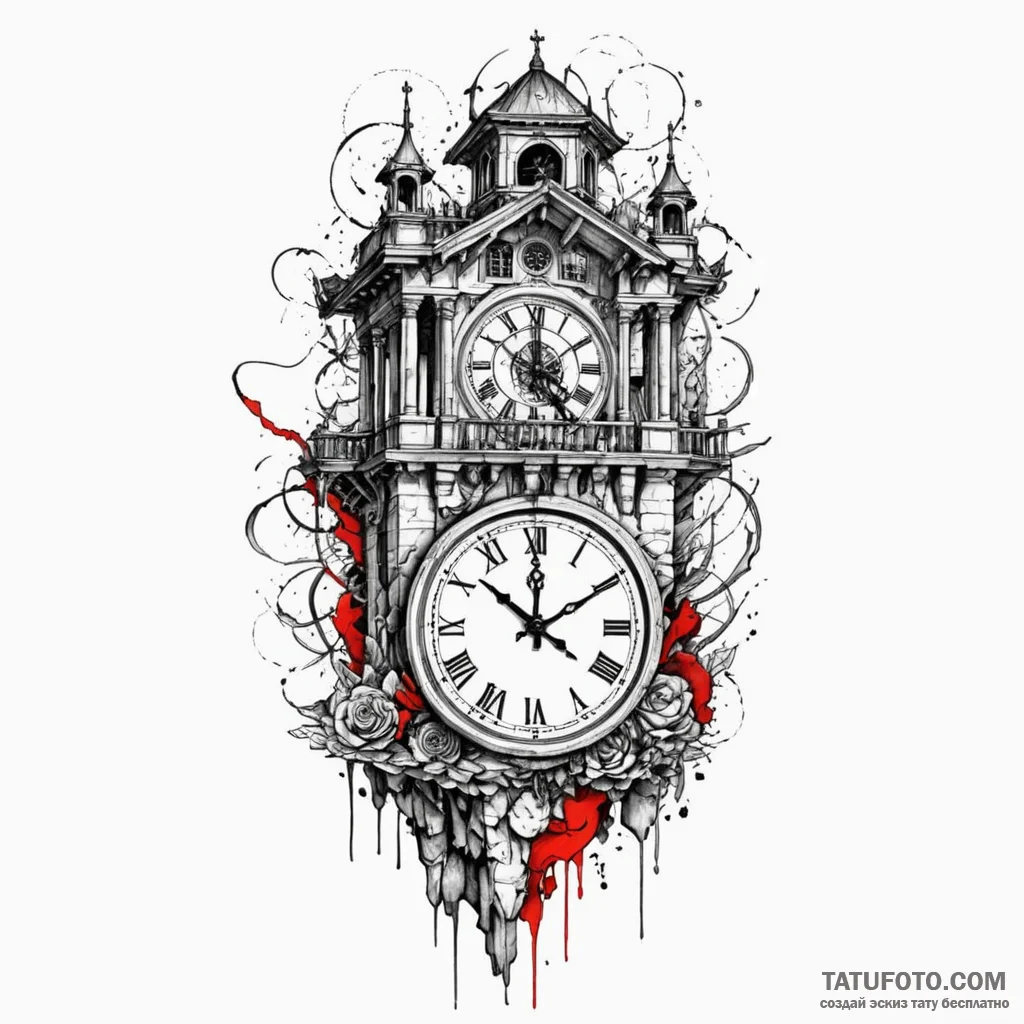 Clock tower with broken chimes, tattoo drawin... - эскиз тату (№1750625934_0, 22.06.2025 20:58) — Tatufoto.com