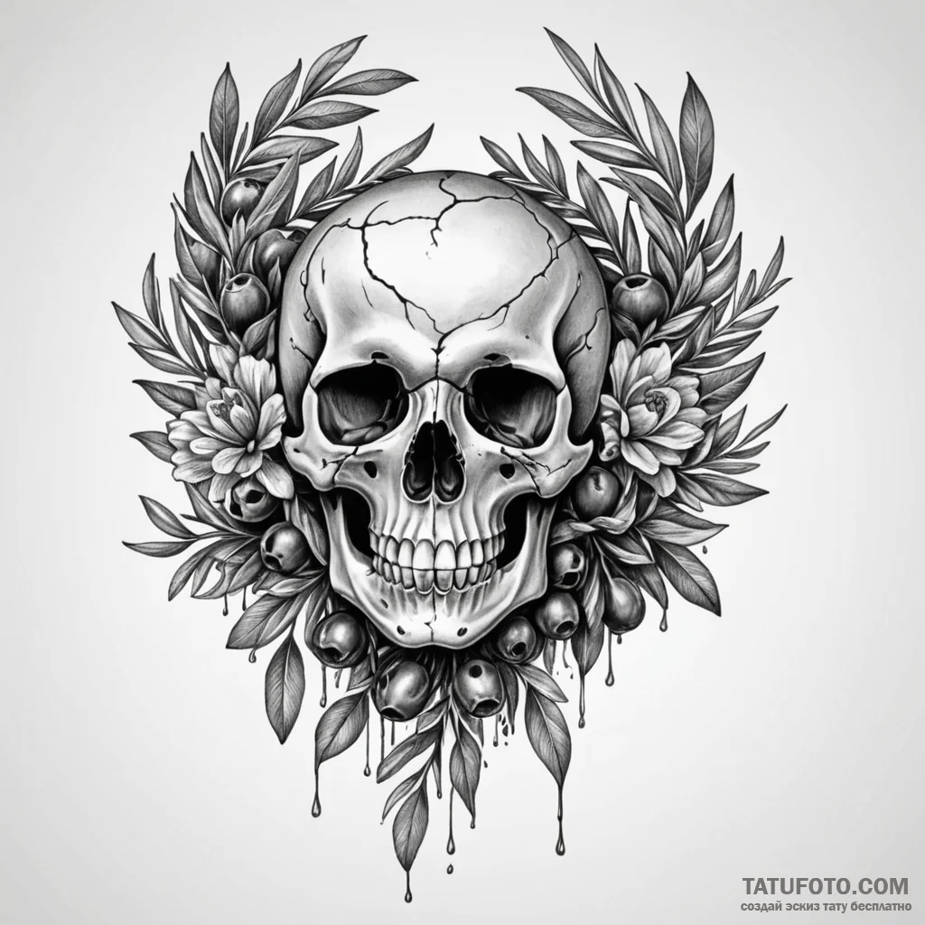 Olive wreath laid on skull, artistic tattoo s... - эскиз тату (№1750626743_0, 22.06.2025 21:12) — Tatufoto.com