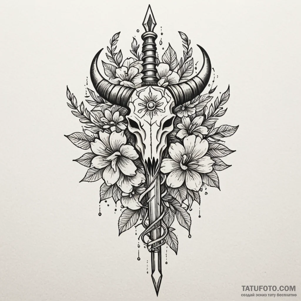 Horned dagger through spectral bloom, tattoo... - эскиз тату (№1750628091_0, 22.06.2025 21:34) — Tatufoto.com