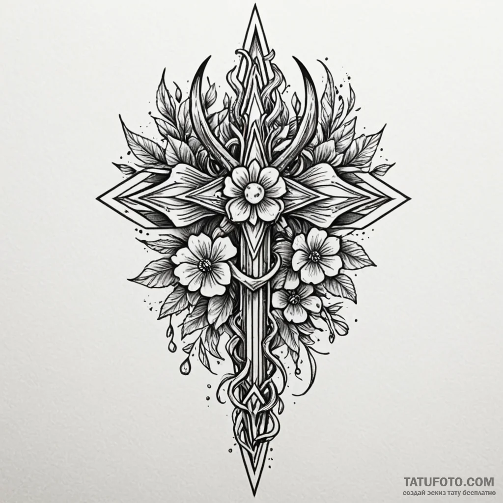 Horned dagger through spectral bloom, tattoo... - эскиз тату (№1750628091_1, 22.06.2025 21:34) — Tatufoto.com