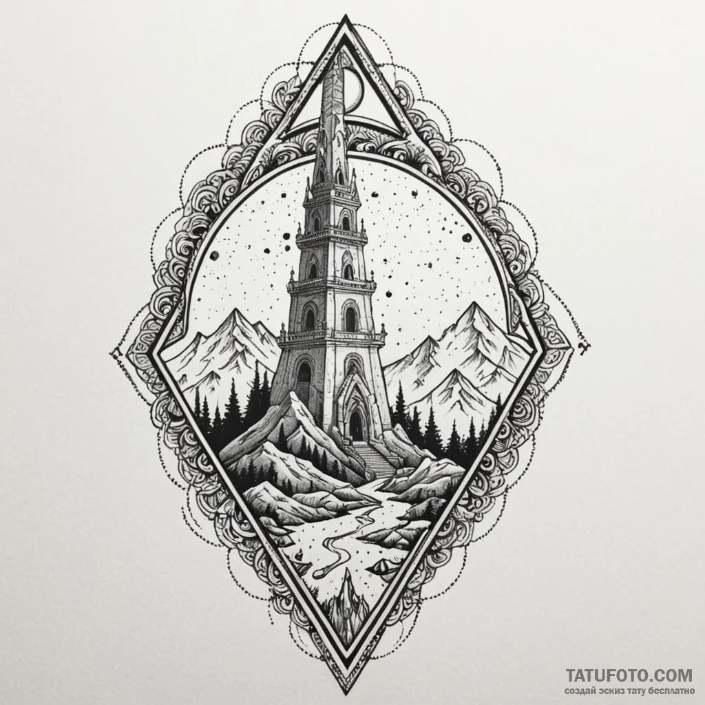 Jade blade beneath spectral spire, tattoo ske... - эскиз тату (№1750630805_0, 22.06.2025 22:20) — Tatufoto.com