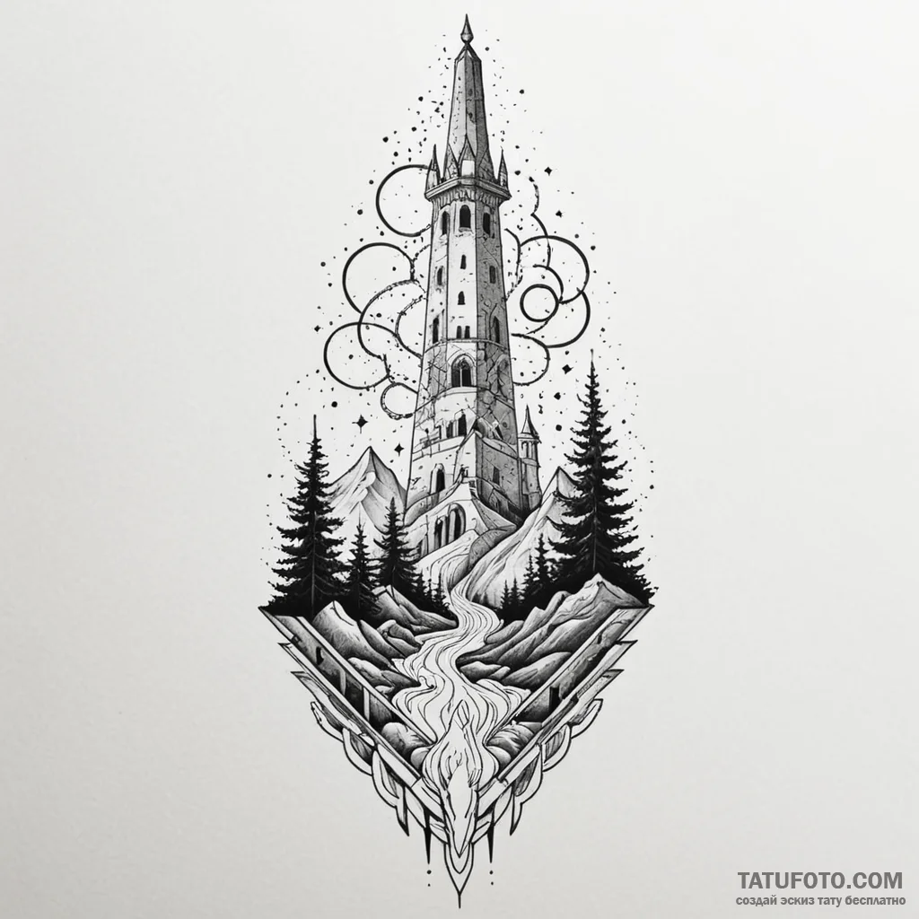 Jade blade beneath spectral spire, tattoo ske... - эскиз тату (№1750630805_1, 22.06.2025 22:20) — Tatufoto.com