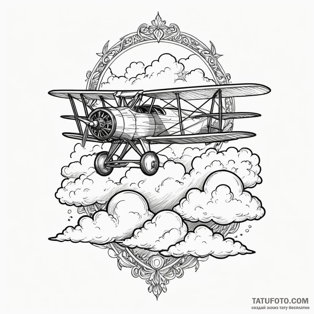 A bold biplane soaring through clouds, vintag... - эскиз тату (№1750630894_1, 22.06.2025 22:21) — Tatufoto.com