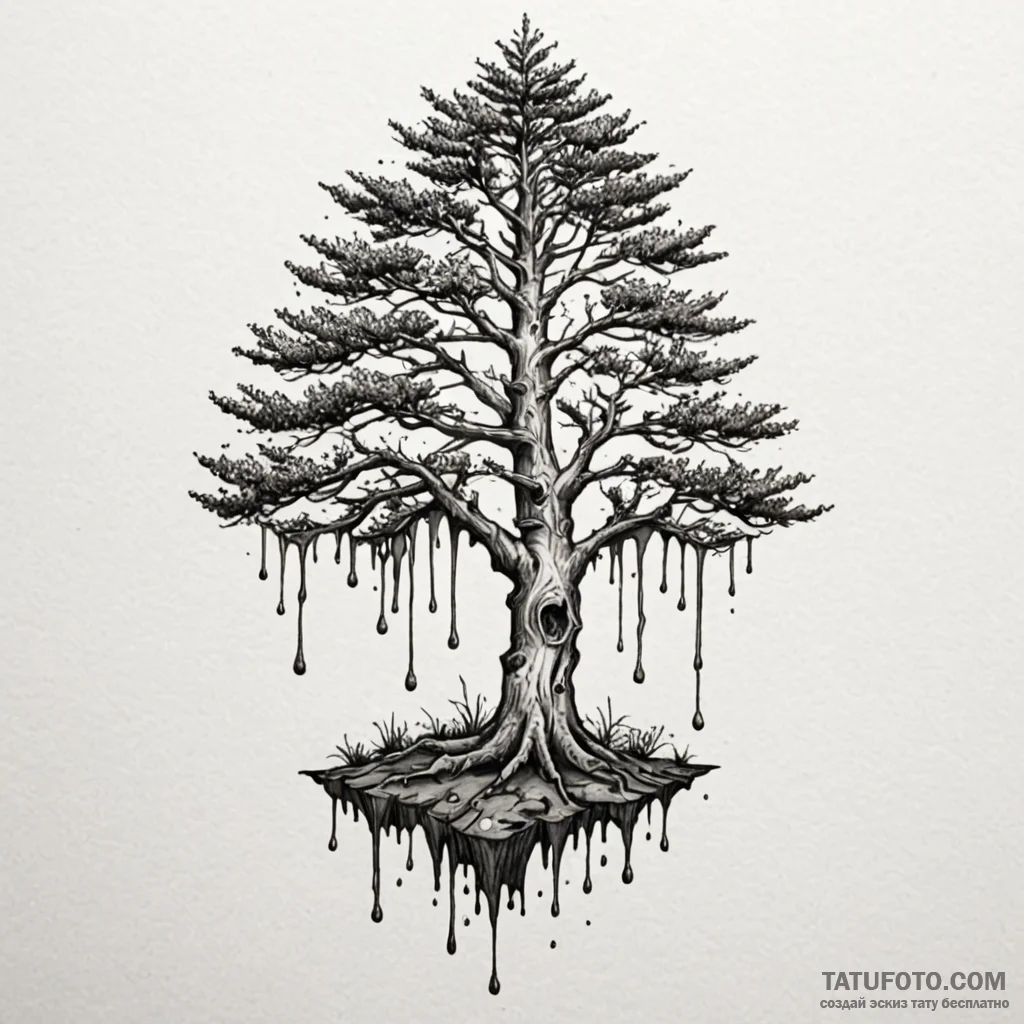 Pine sap dripping from spectral tree, tattoo... - эскиз тату (№1750631079_0, 22.06.2025 22:24) — Tatufoto.com