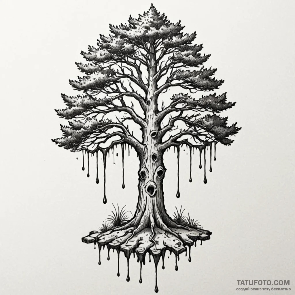 Pine sap dripping from spectral tree, tattoo... - эскиз тату (№1750631079_1, 22.06.2025 22:24) — Tatufoto.com