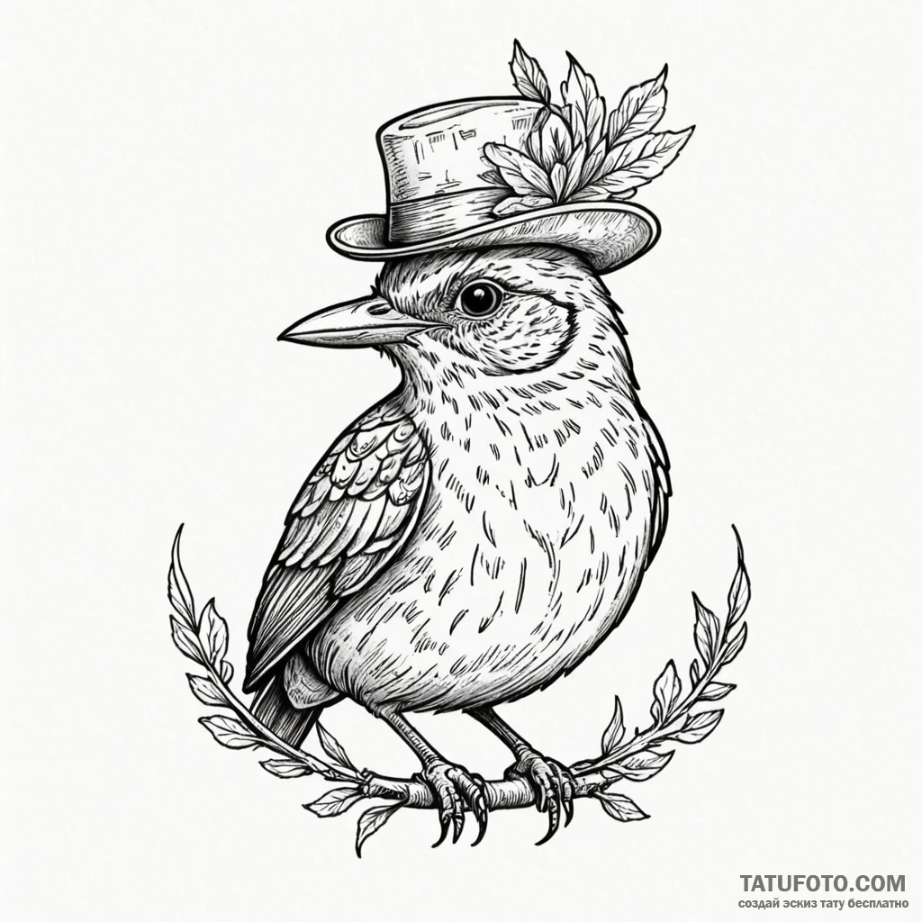 A whimsical bird wearing a tiny hat, quirky,,... - эскиз тату (№1750631711_0, 22.06.2025 22:35) — Tatufoto.com