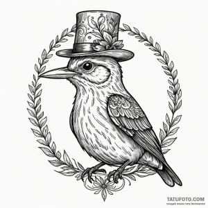 A whimsical bird wearing a tiny hat, quirky,,... - эскиз тату (№1750631711_1, 22.06.2025 22:35) — Tatufoto.com