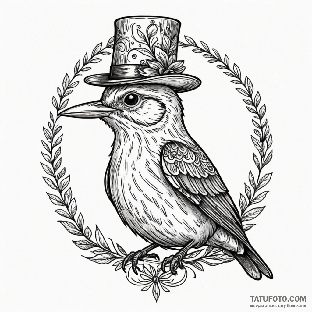 A whimsical bird wearing a tiny hat, quirky,,... - эскиз тату (№1750631711_1, 22.06.2025 22:35) — Tatufoto.com