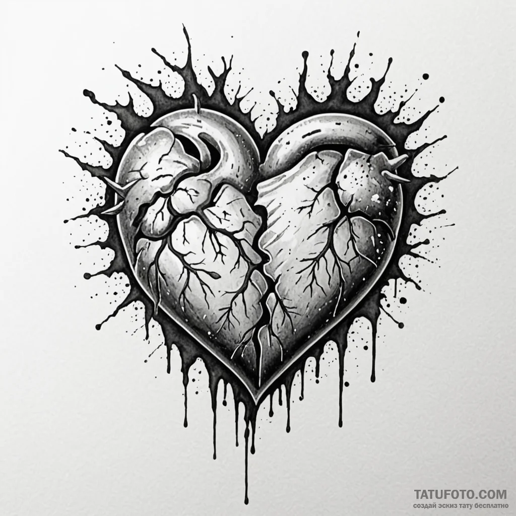 A detailed broken heart with tears, sorrow,,... - эскиз тату (№1750631974_1, 22.06.2025 22:39) — Tatufoto.com