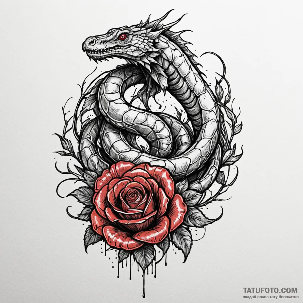 Basilisk coiled around a petrified rose, ink... - эскиз тату (№1750632234_0, 22.06.2025 22:43) — Tatufoto.com
