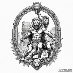 Gladiator fighting a lion in a ruined colosse... - эскиз тату (№1750632751_0, 22.06.2025 22:52) — Tatufoto.com