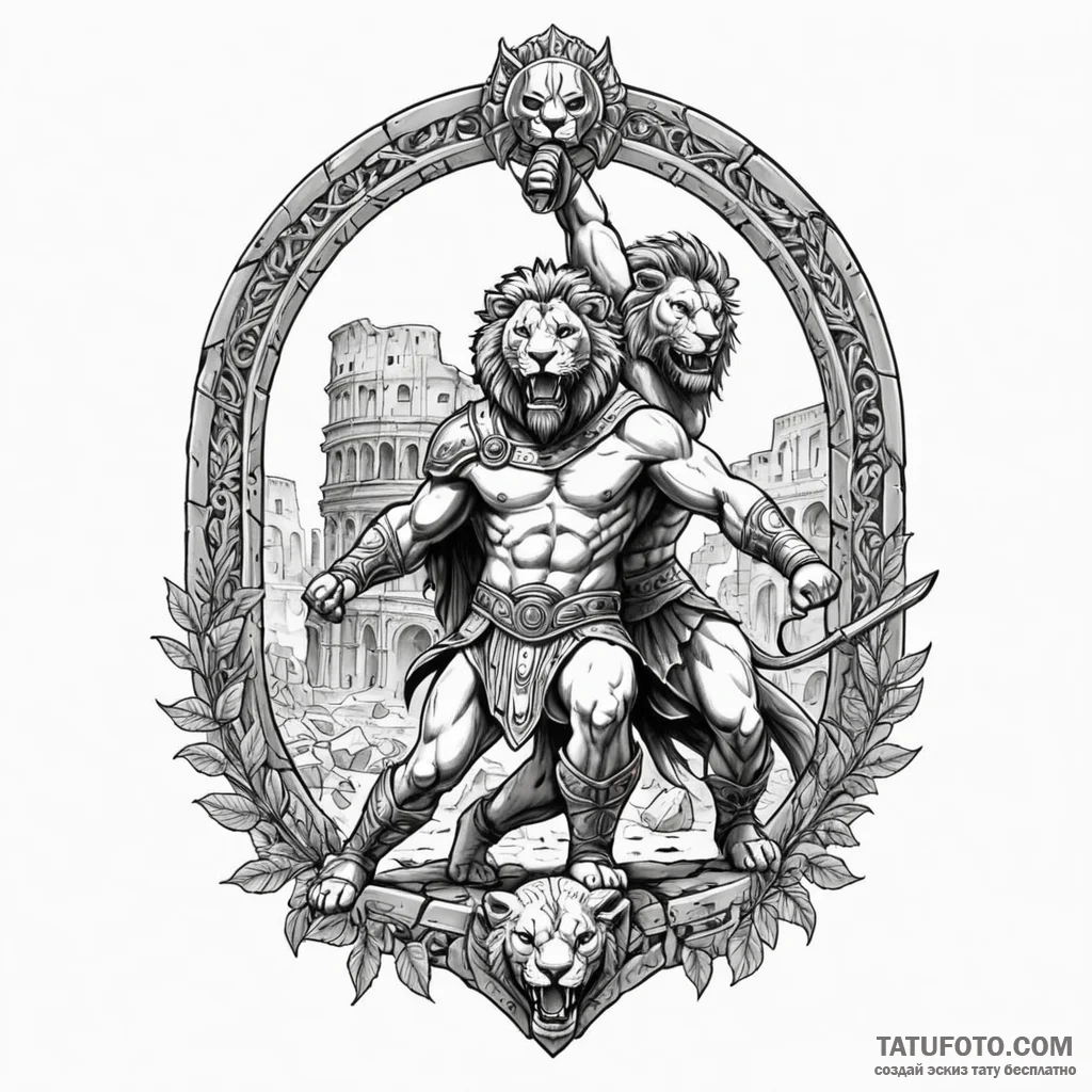 Gladiator fighting a lion in a ruined colosse... - эскиз тату (№1750632751_0, 22.06.2025 22:52) — Tatufoto.com