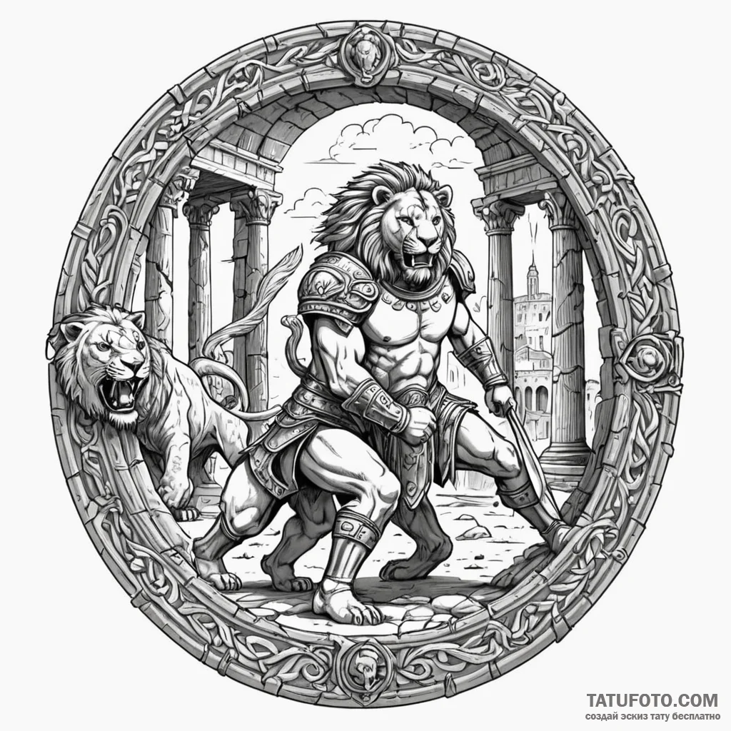 Gladiator fighting a lion in a ruined colosse... - эскиз тату (№1750632751_1, 22.06.2025 22:52) — Tatufoto.com