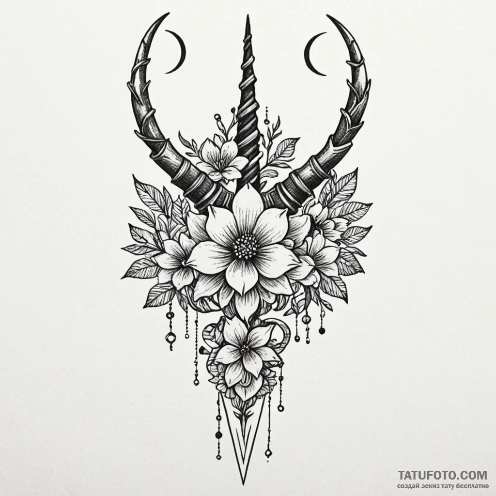 Horned dagger through spectral bloom, tattoo... - эскиз тату (№1750634425_0, 22.06.2025 23:20) — Tatufoto.com
