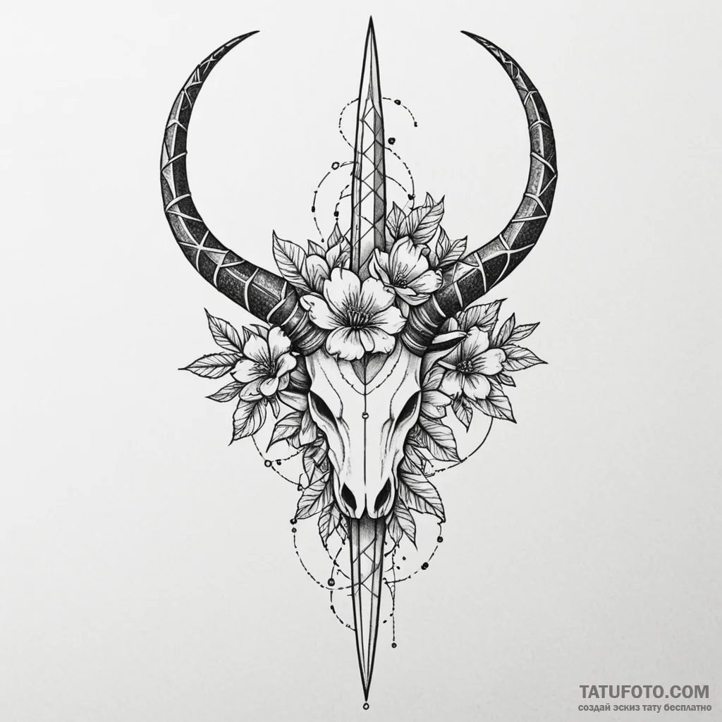 Horned dagger through spectral bloom, tattoo... - эскиз тату (№1750634425_1, 22.06.2025 23:20) — Tatufoto.com