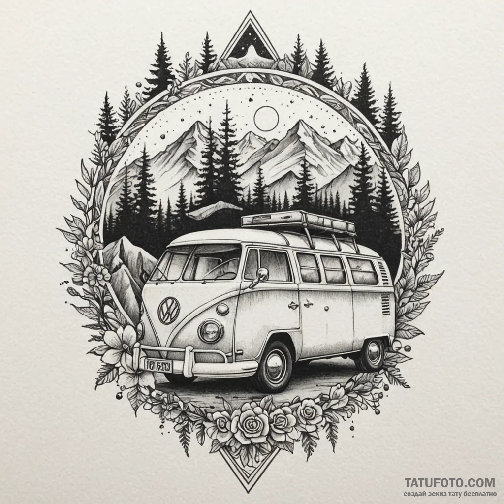 Vw camper van, adventure style, tattoo flash... - эскиз тату (№1750634606_0, 22.06.2025 23:23) — Tatufoto.com