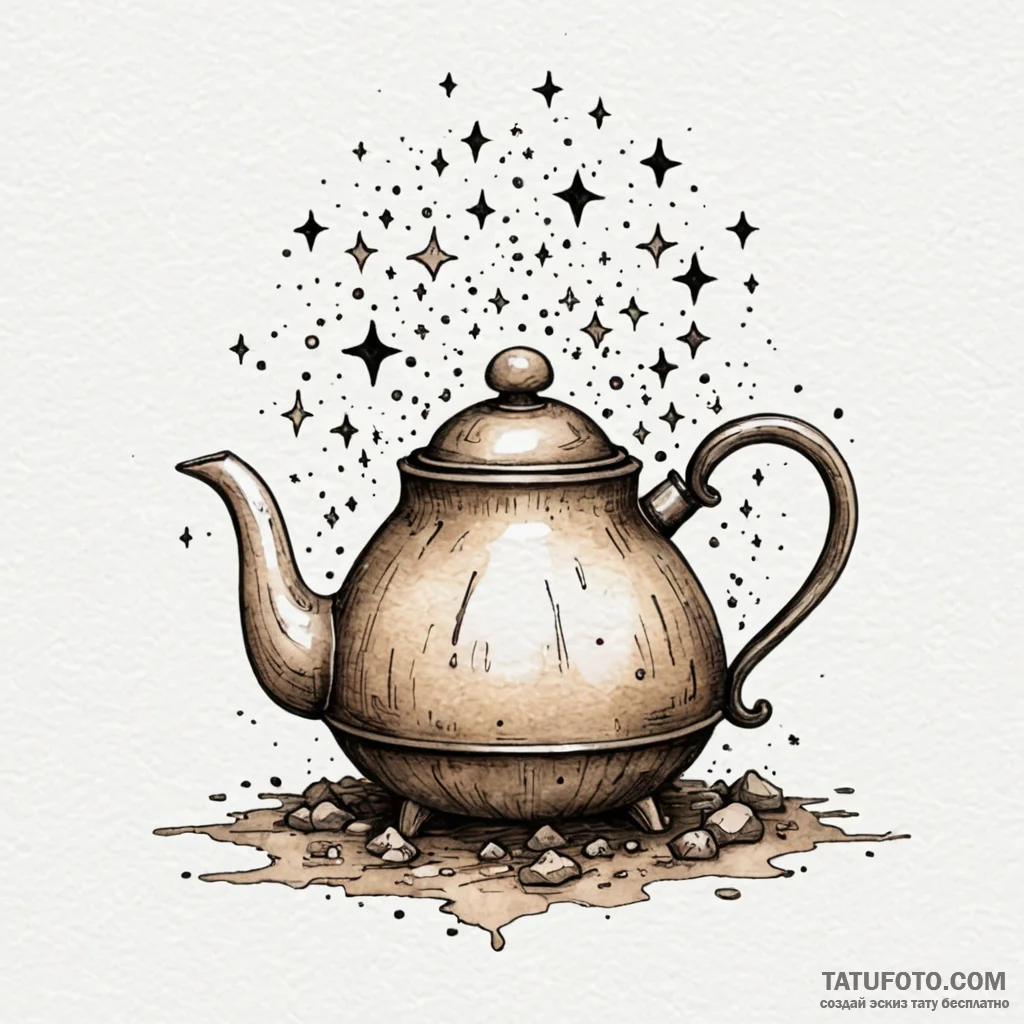 Kettle beneath spectral stars, ink illustrati... - эскиз тату (№1750637136_0, 23.06.2025 00:05) — Tatufoto.com
