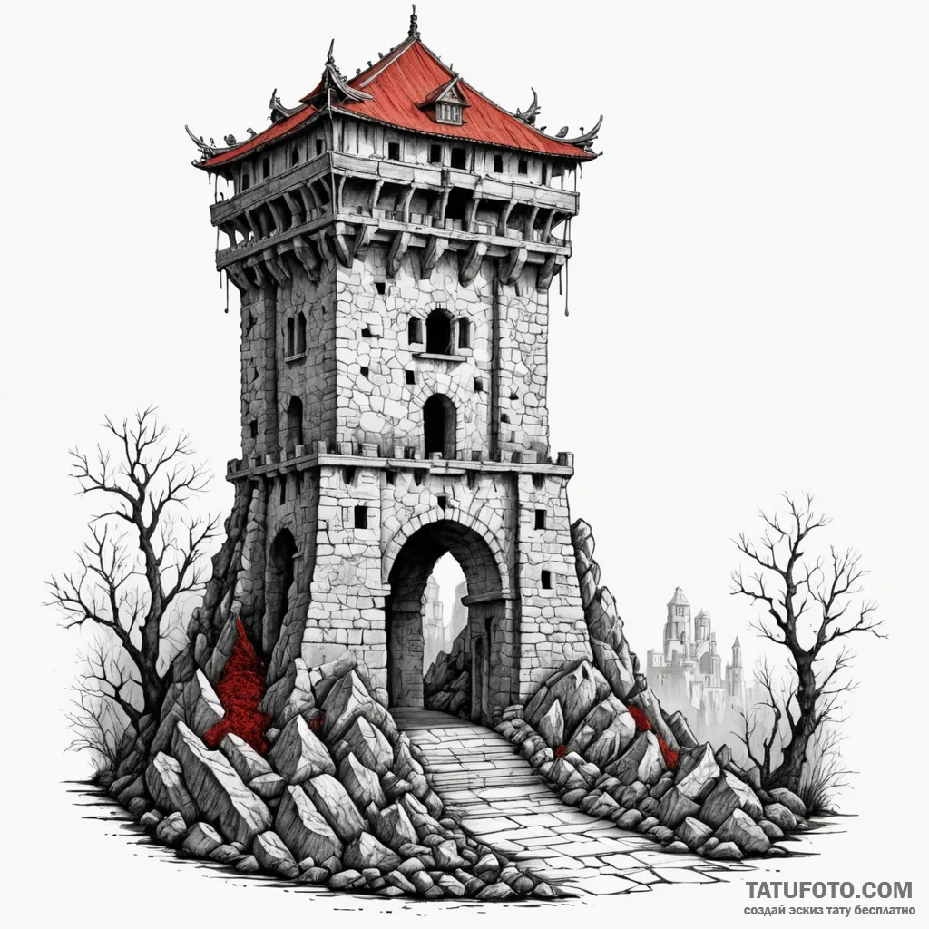 Orcish gate beneath crumbling tower, ink illu... - эскиз тату (№1750638987_0, 23.06.2025 00:36) — Tatufoto.com
