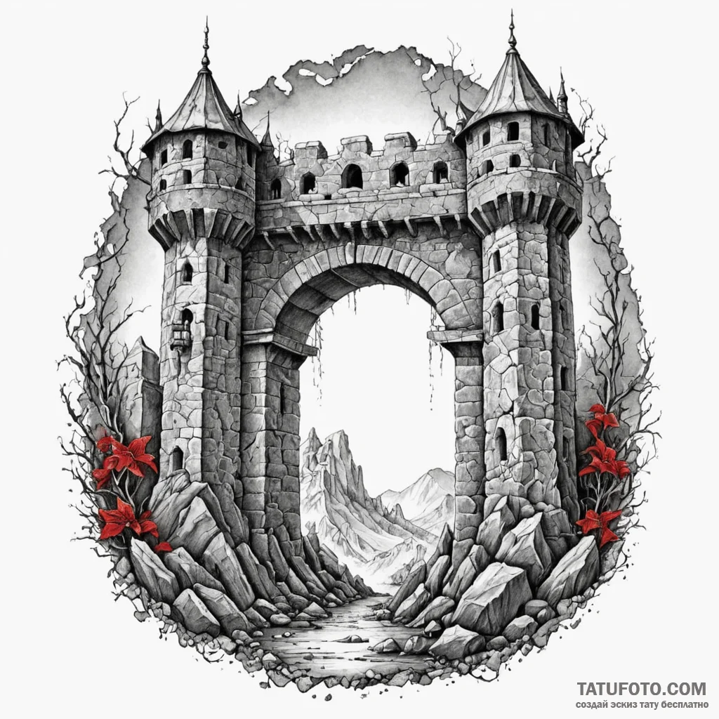 Orcish gate beneath crumbling tower, ink illu... - эскиз тату (№1750638987_1, 23.06.2025 00:36) — Tatufoto.com