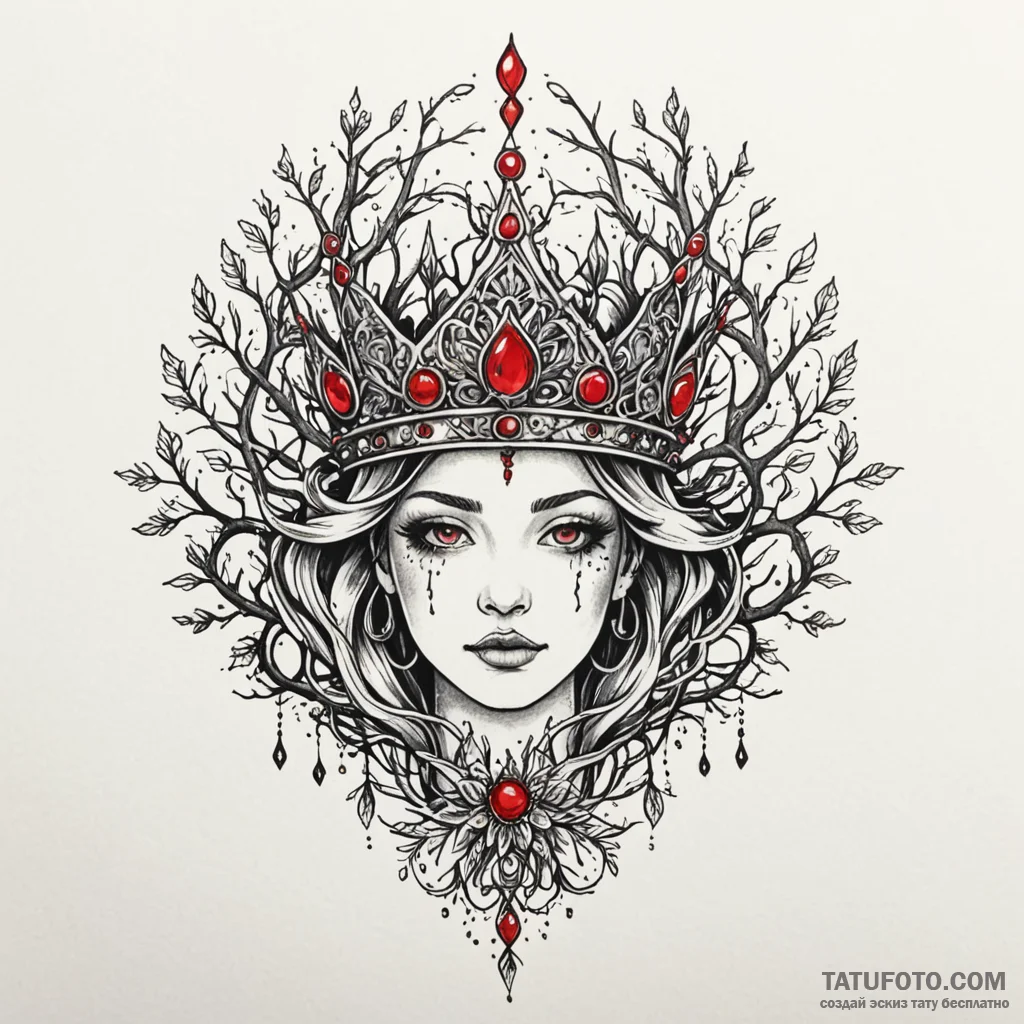 Glyph-etched crown beneath spectral tree, tat... - эскиз тату (№1750640829_1, 23.06.2025 01:07) — Tatufoto.com