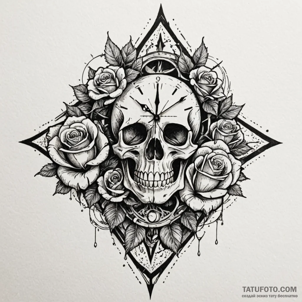 Clock with shattered face and thorns, artisti... - эскиз тату (№1750643670_0, 23.06.2025 01:54) — Tatufoto.com