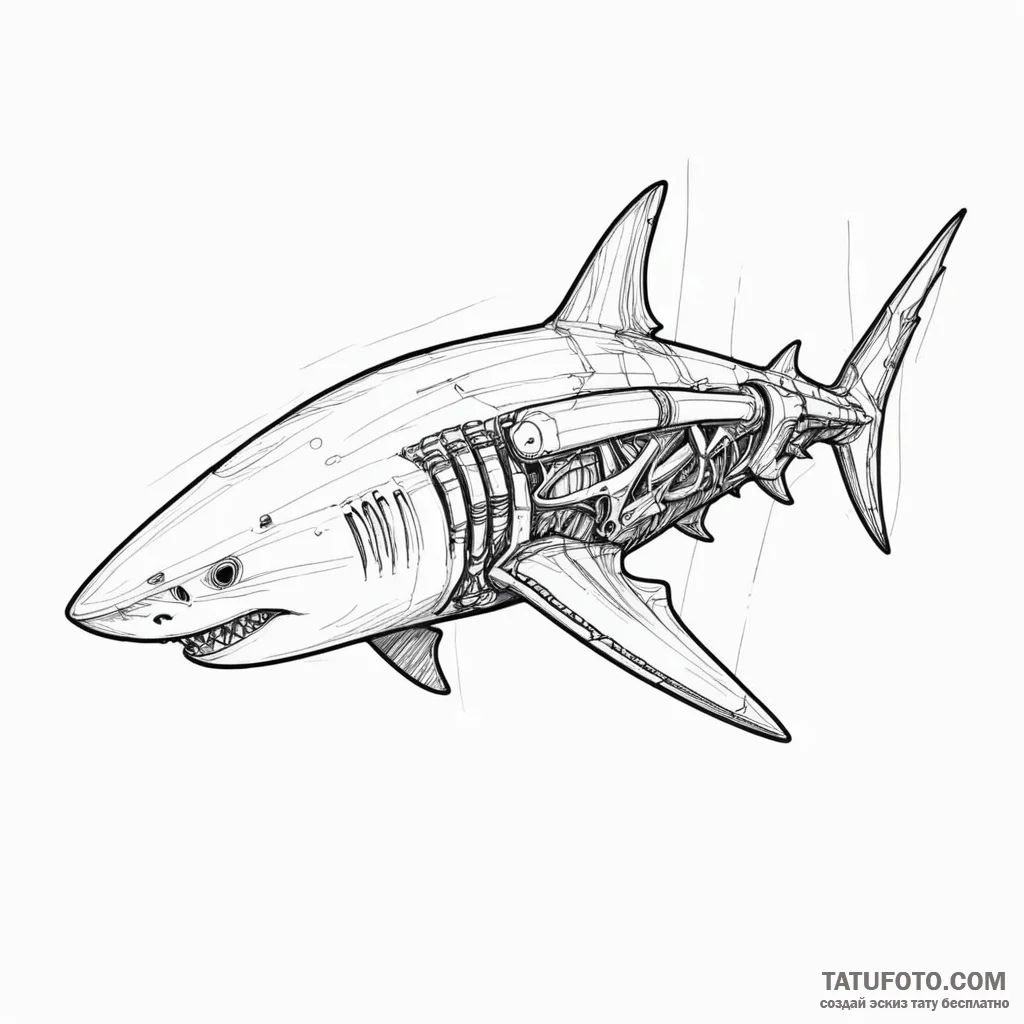 Shark with cybernetic fins and teeth of steel... - эскиз тату (№1750643759_0, 23.06.2025 01:55) — Tatufoto.com
