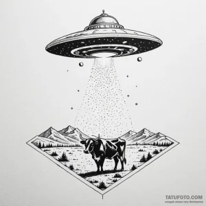 Ufo abducting a cow with a beam of light, art... - эскиз тату (№1750644340_0, 23.06.2025 02:05) — Tatufoto.com