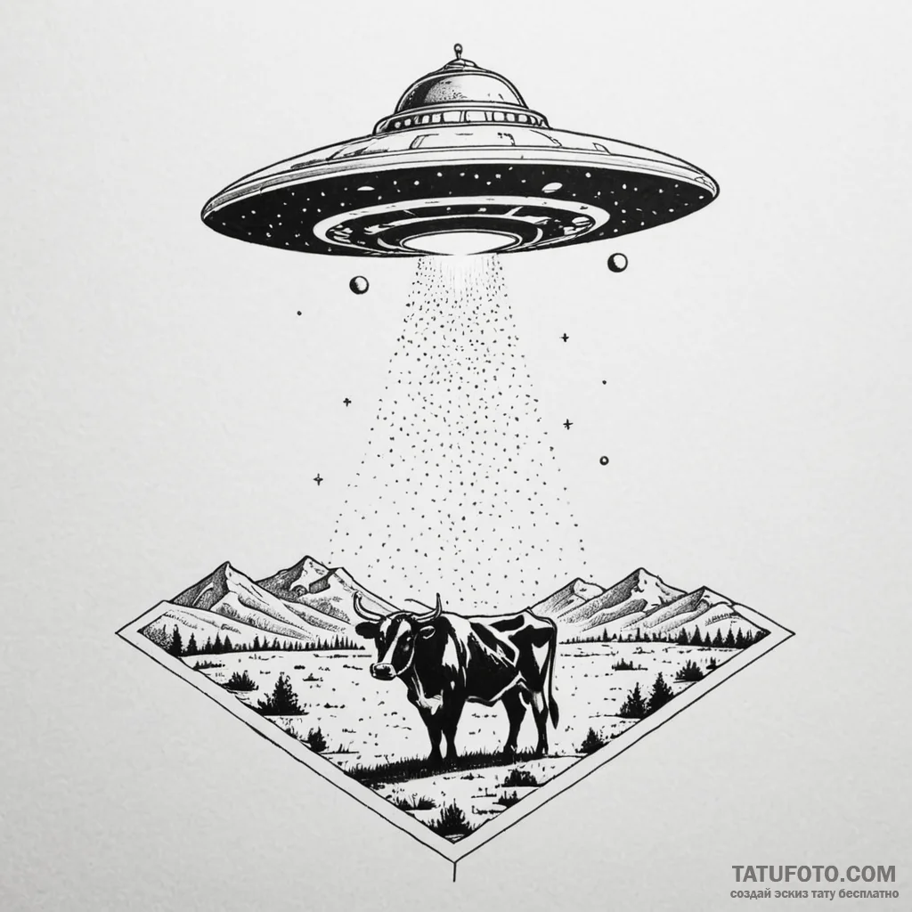 Ufo abducting a cow with a beam of light, art... - эскиз тату (№1750644340_0, 23.06.2025 02:05) — Tatufoto.com