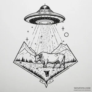 Ufo abducting a cow with a beam of light, art... - эскиз тату (№1750644340_1, 23.06.2025 02:05) — Tatufoto.com