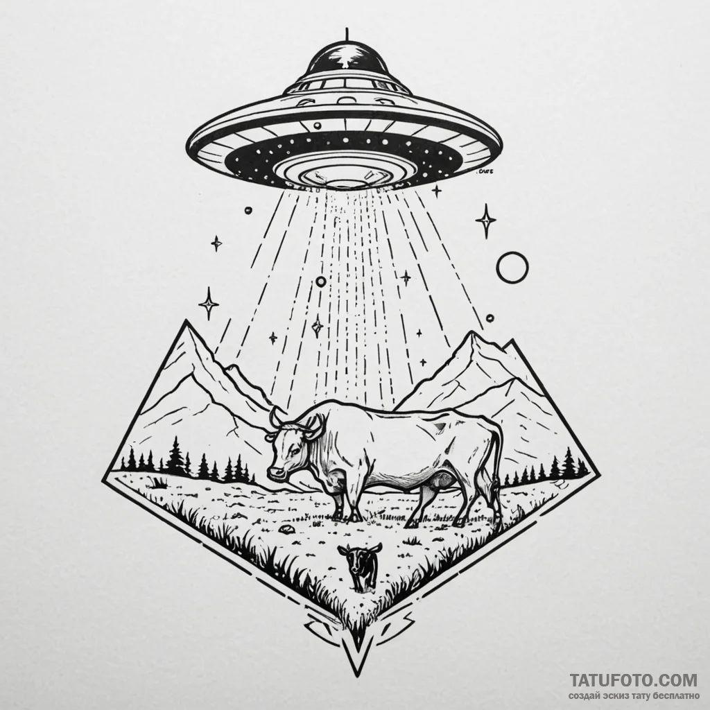 Ufo abducting a cow with a beam of light, art... - эскиз тату (№1750644340_1, 23.06.2025 02:05) — Tatufoto.com