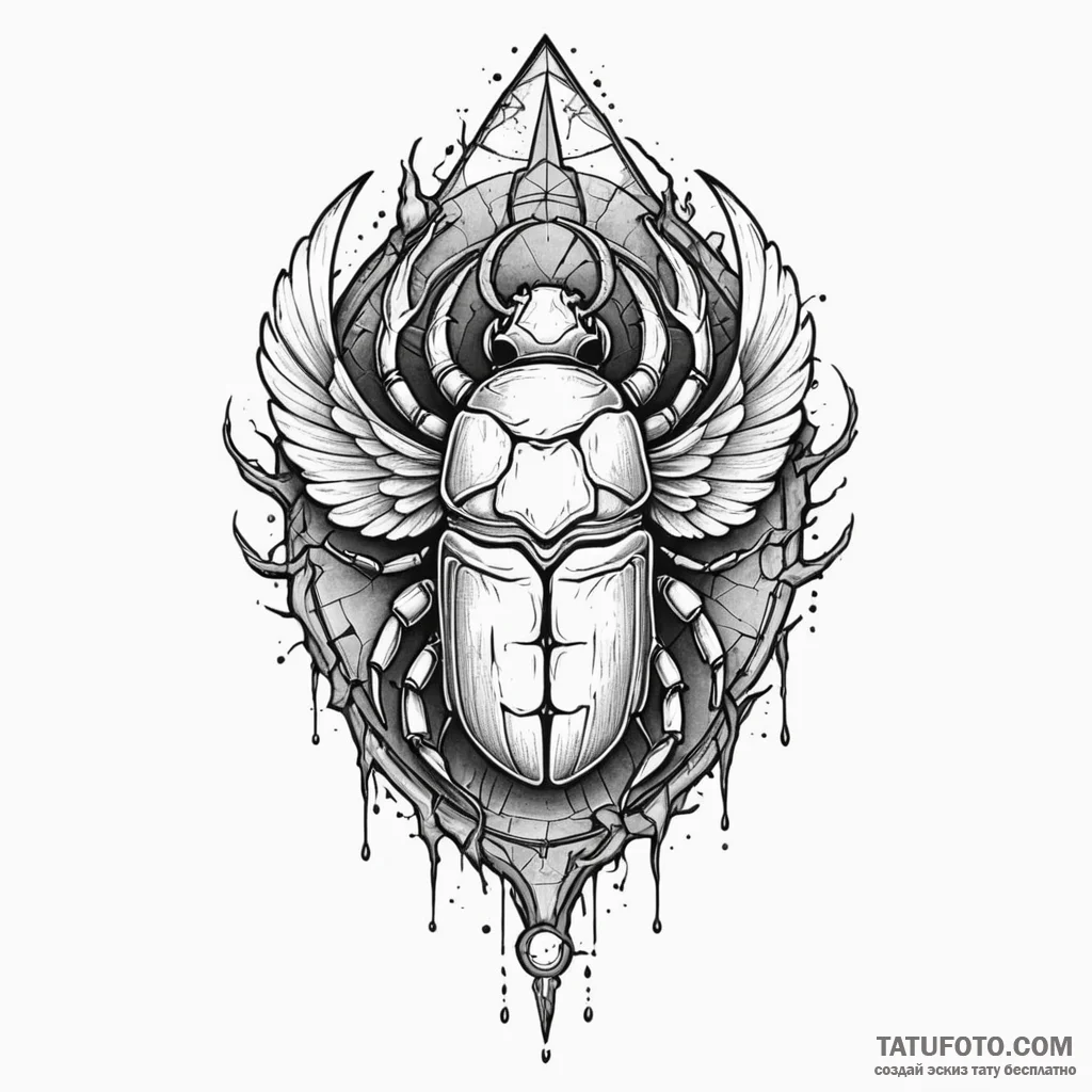 Scarab relic beneath shattered spire, tattoo... - эскиз тату (№1750645349_1, 23.06.2025 02:22) — Tatufoto.com