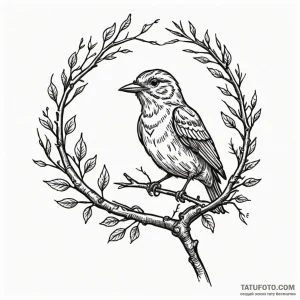 A whimsical bird on a branch singing, joyful,... - эскиз тату (№1750645452_0, 23.06.2025 02:24) — Tatufoto.com