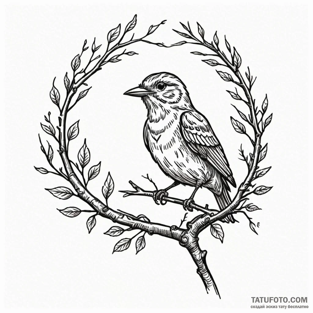 A whimsical bird on a branch singing, joyful,... - эскиз тату (№1750645452_0, 23.06.2025 02:24) — Tatufoto.com