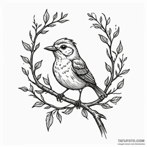A whimsical bird on a branch singing, joyful,... - эскиз тату (№1750645452_1, 23.06.2025 02:24) — Tatufoto.com