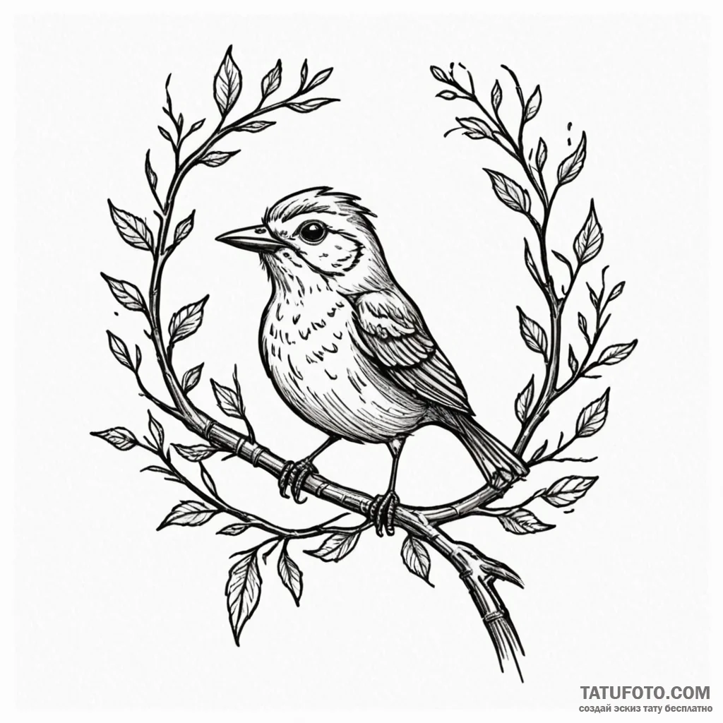 A whimsical bird on a branch singing, joyful,... - эскиз тату (№1750645452_1, 23.06.2025 02:24) — Tatufoto.com
