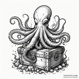 Sunken treasure chest guarded by an octopus,... - эскиз тату (№1750648075_0, 23.06.2025 03:07) — Tatufoto.com