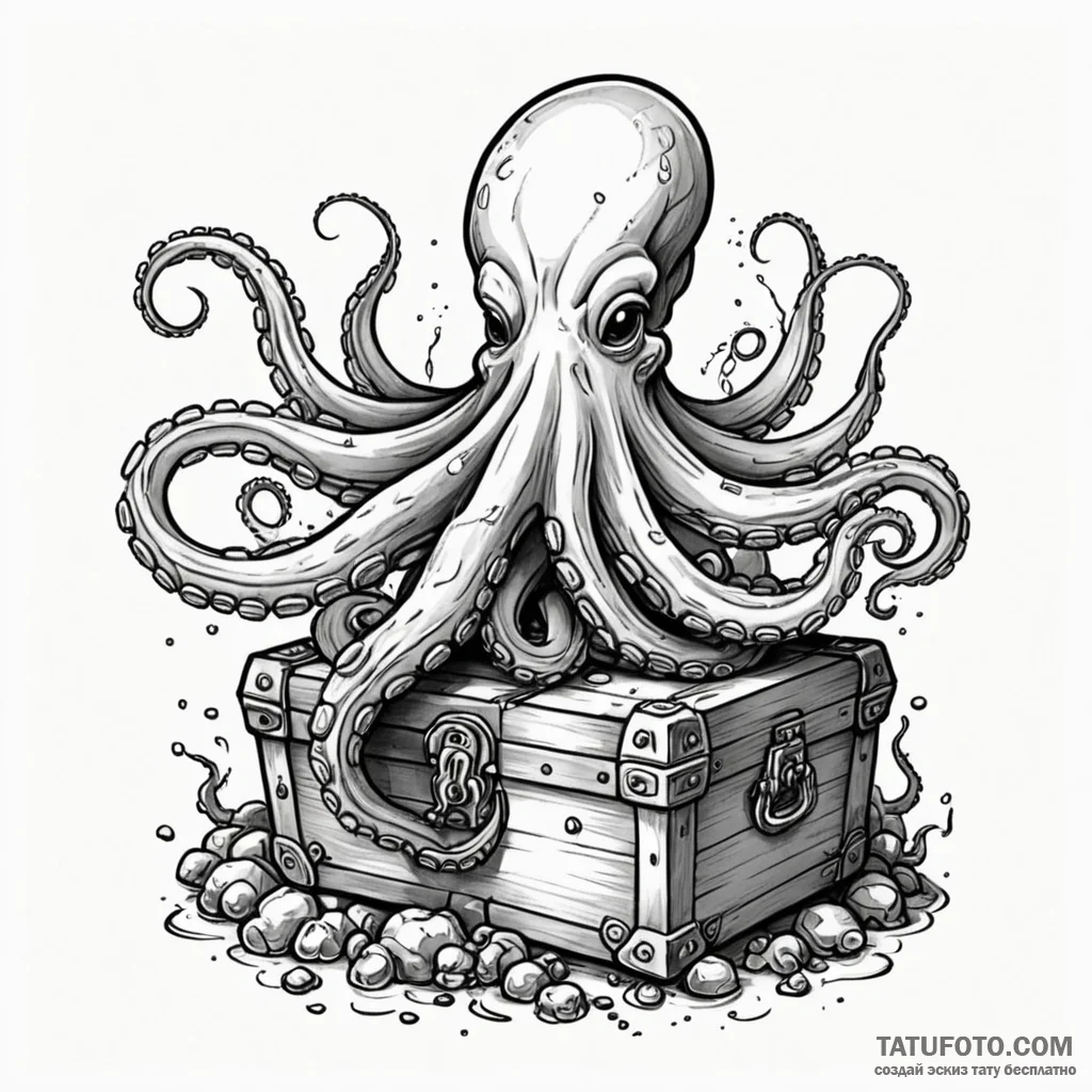 Sunken treasure chest guarded by an octopus,... - эскиз тату (№1750648075_0, 23.06.2025 03:07) — Tatufoto.com