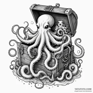 Sunken treasure chest guarded by an octopus,... - эскиз тату (№1750648075_1, 23.06.2025 03:07) — Tatufoto.com