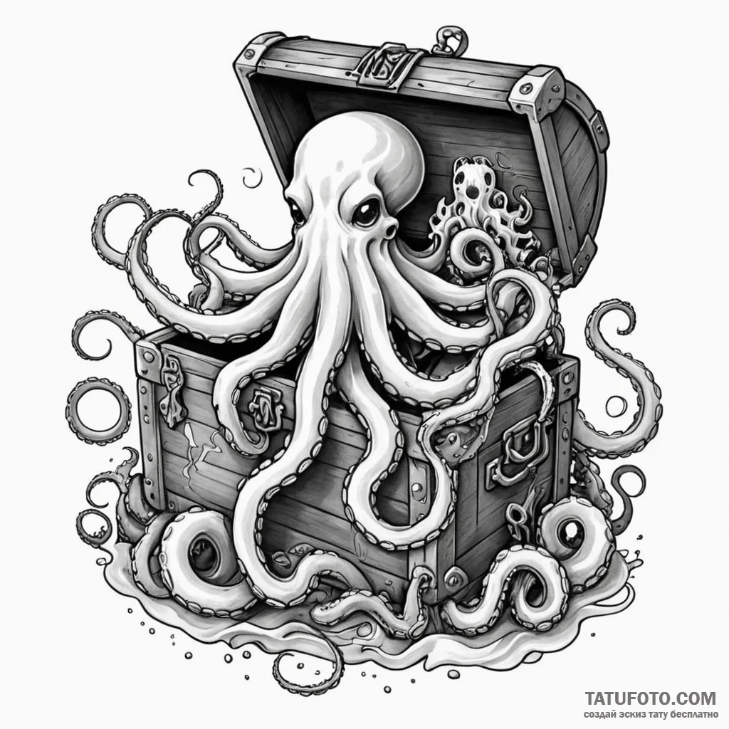 Sunken treasure chest guarded by an octopus,... - эскиз тату (№1750648075_1, 23.06.2025 03:07) — Tatufoto.com