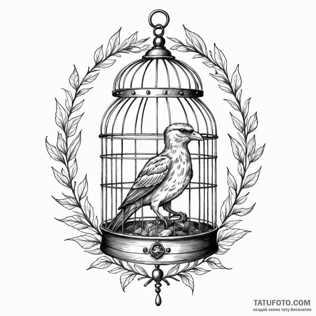 Bird and cage, ink illustration for tattoo, s... - эскиз тату (№1750650668_0, 23.06.2025 03:51) — Tatufoto.com