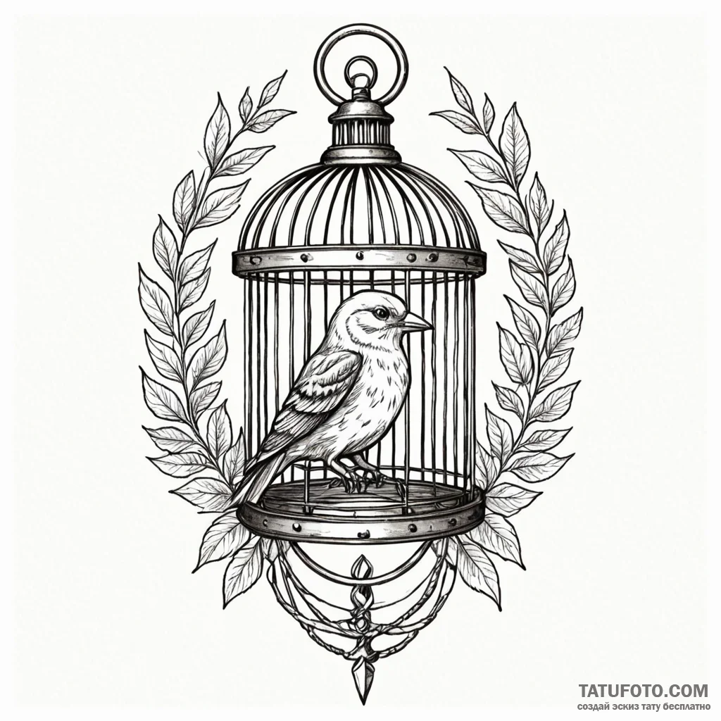 Bird and cage, ink illustration for tattoo, s... - эскиз тату (№1750650668_1, 23.06.2025 03:51) — Tatufoto.com