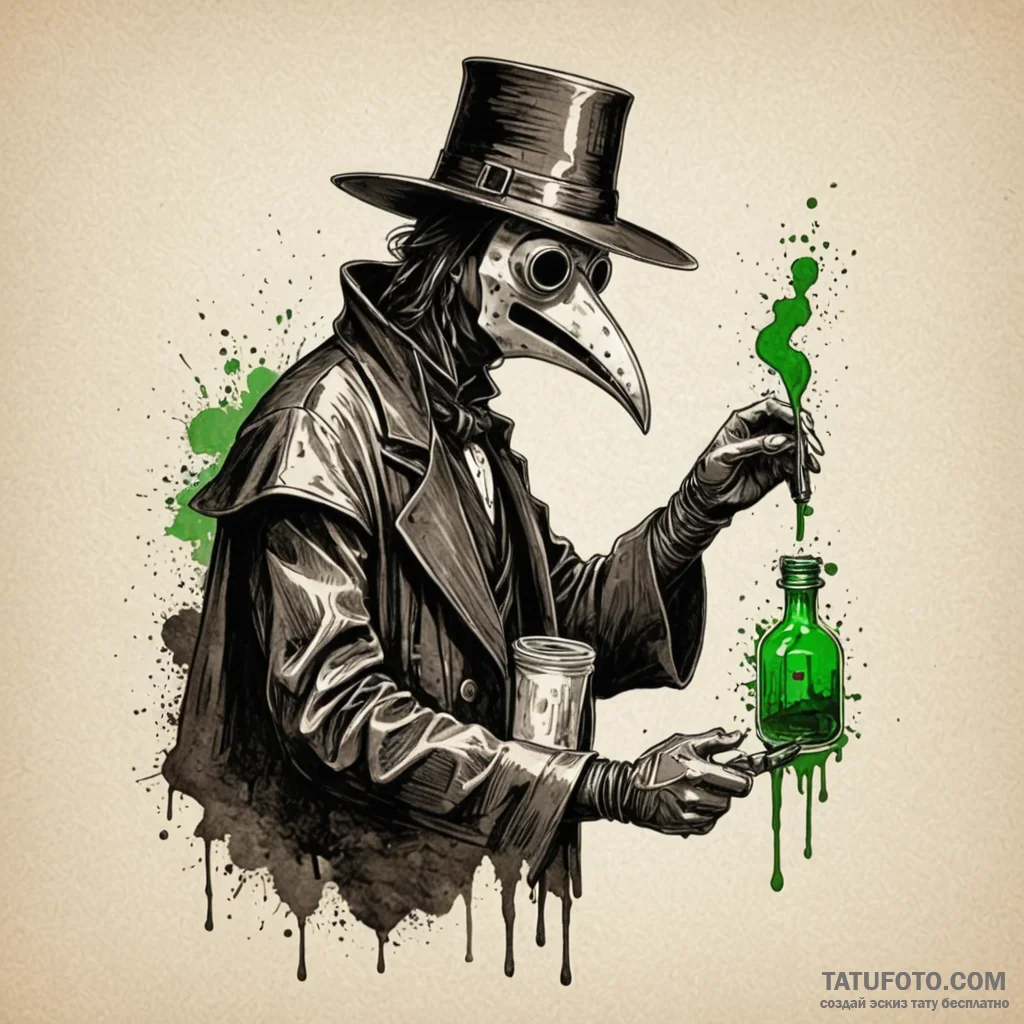 Plague doctor injecting a patient with a glow... - эскиз тату (№1750651668_1, 23.06.2025 04:07) — Tatufoto.com
