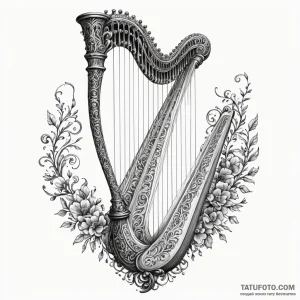 Spectral harp echoing in darkness, ink illust... - эскиз тату (№1750652577_0, 23.06.2025 04:22) — Tatufoto.com
